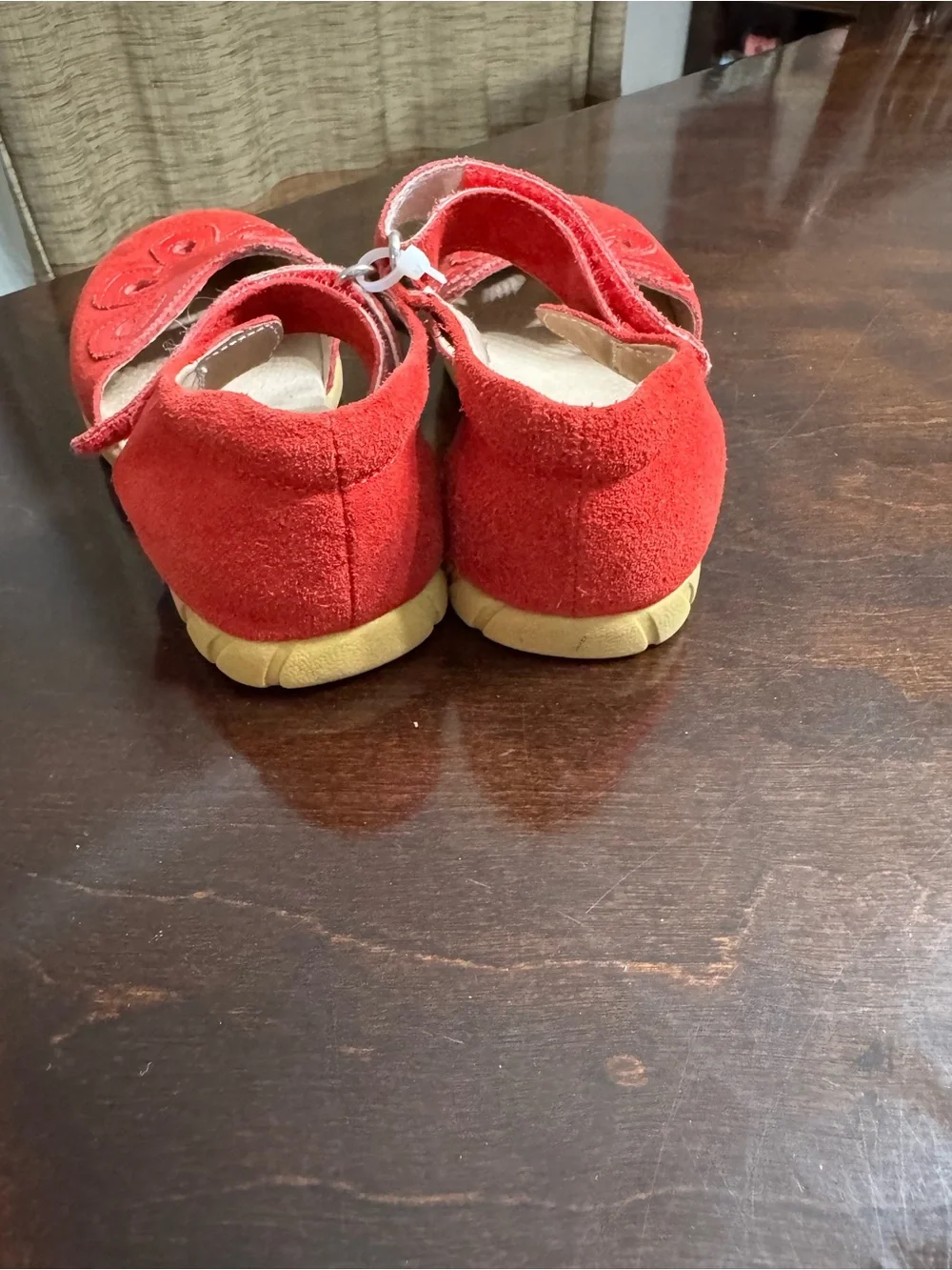 Livie & Luca Red Suede Mary Jane Shoes with Floral Cutouts
